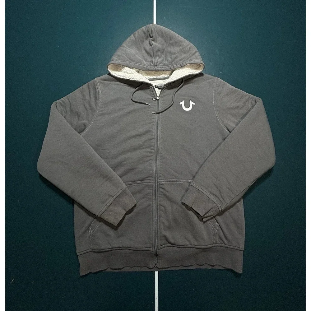 True Religion Buddha Sherpa Lined Full Zip Hoodie Sweatshirt Men's Large‎ Gray